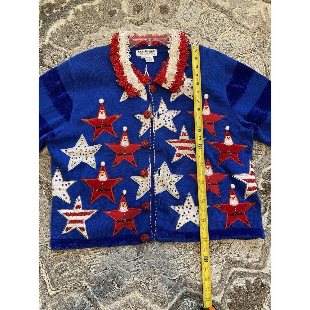 VTG Jack B Quick Sweater Christmas Santa Holiday Beaded Cardigan XL Patriotic - Picture 10 of 11